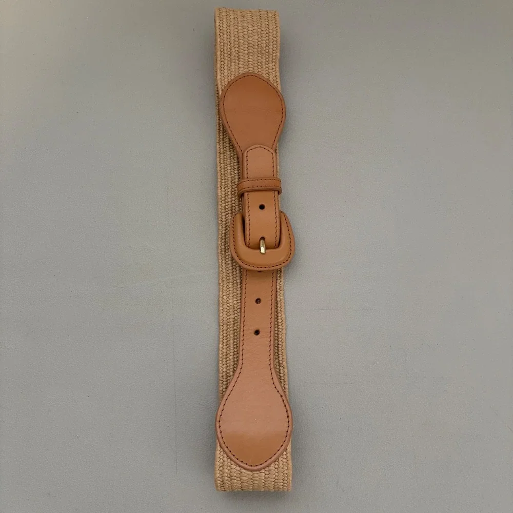 Banana Republic Tan Woven Straw Leather Trim Stretch Waist Belt Small Boho